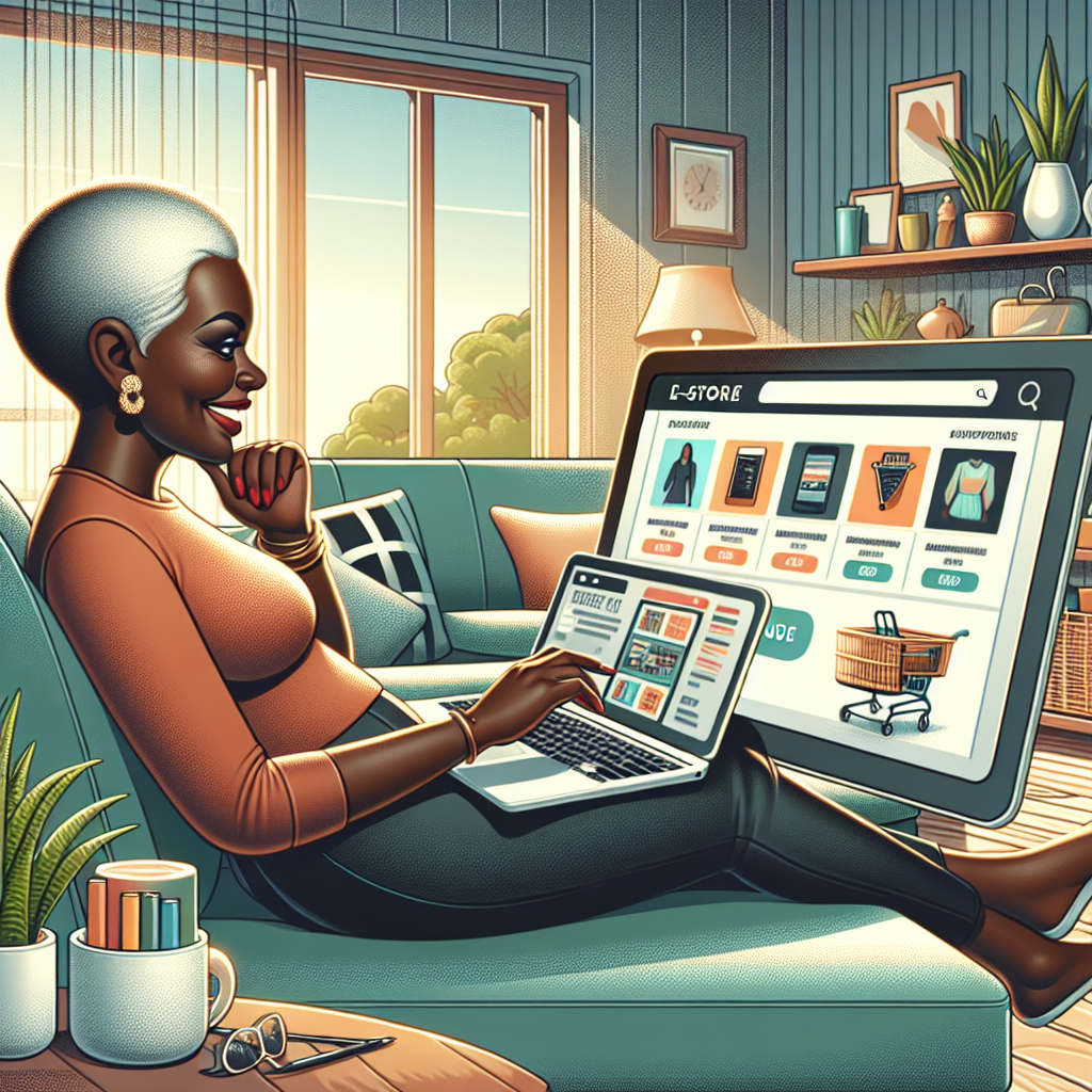 A realistic depiction of a person using a laptop to shop online in a cozy home setting, highlighting the convenience of online shopping.