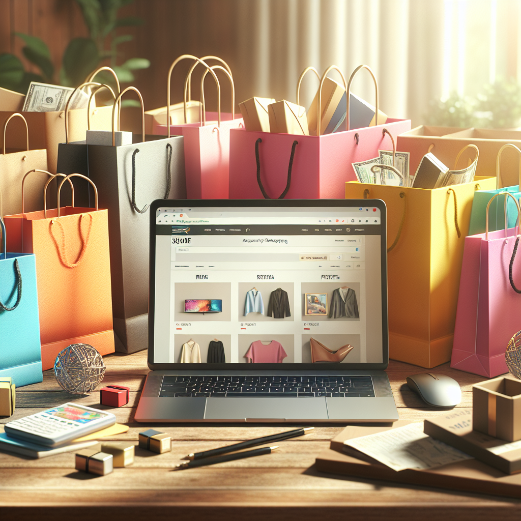 An online shopping scene with a laptop and shopping bags, highlighting a friendly return policy.