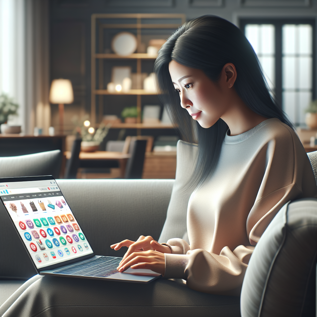 A woman shopping online from her laptop in a cozy living room.