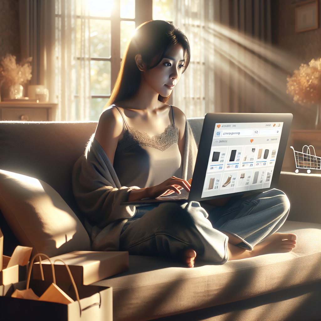 A person shopping online in a cozy, well-lit living room with shopping bags and boxes around.