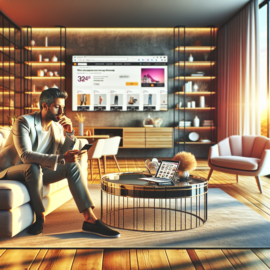 A realistic image of a person using a smartphone to shop online in a modern living room.