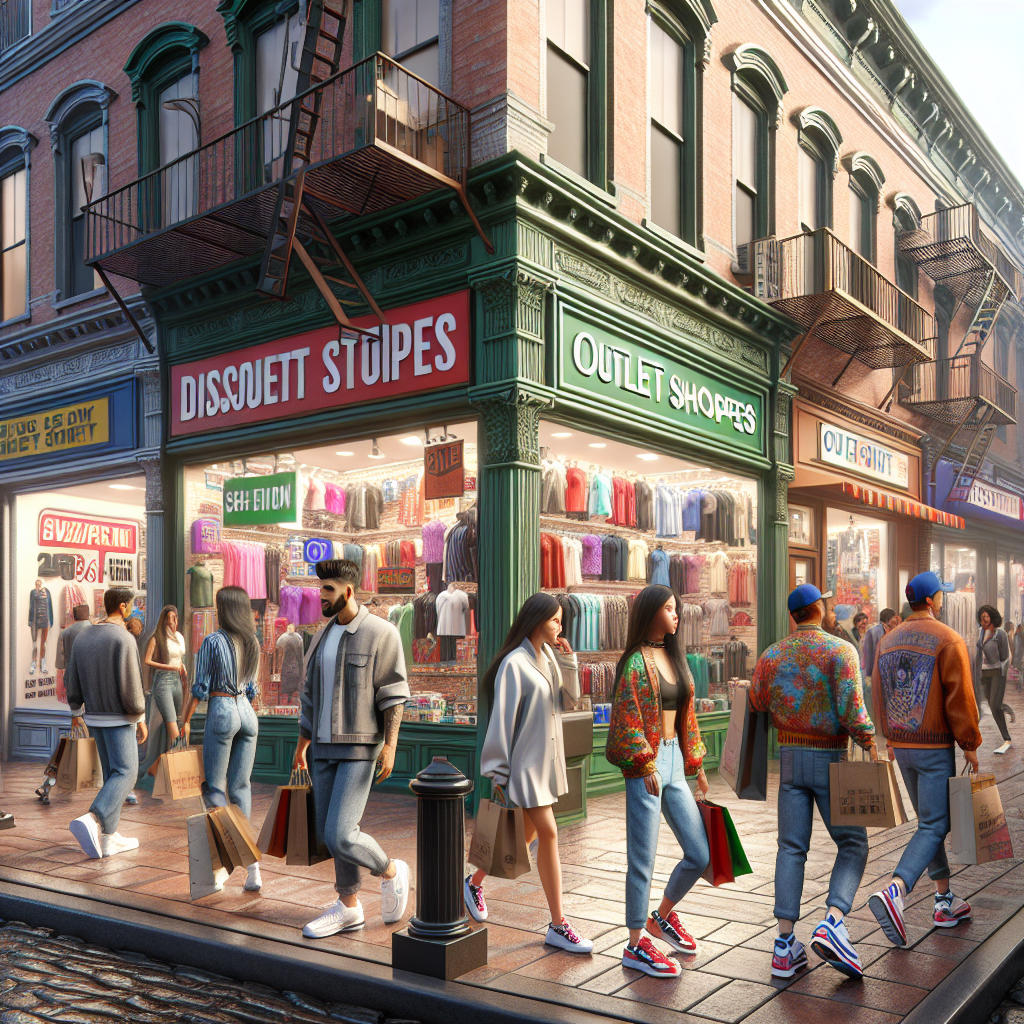 A bustling NYC street with diverse shoppers carrying discount store bags, vibrant storefronts, and natural bright lighting.