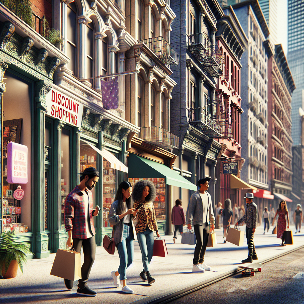 Bustling New York City streets with people shopping and carrying bags, various storefronts and buildings in the background.