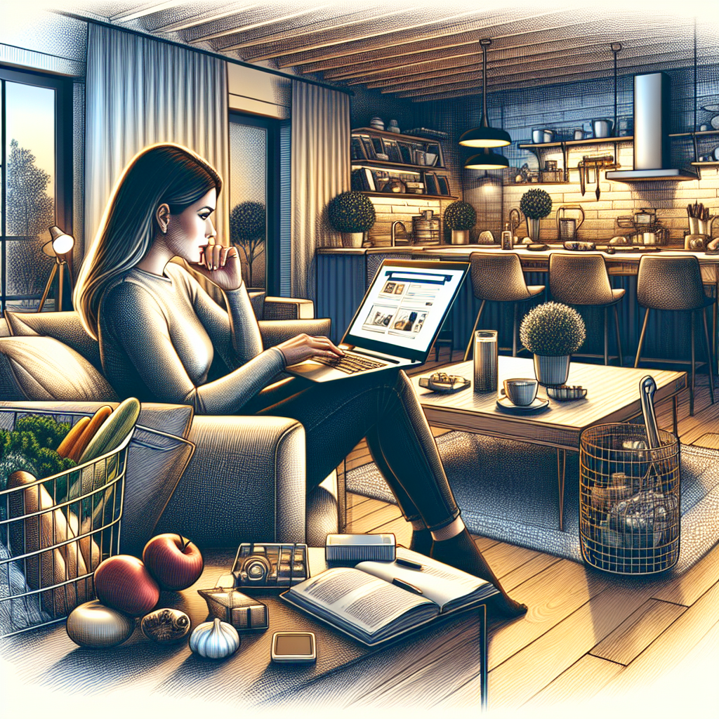 A person shopping online from the comfort of their home with various items around them.