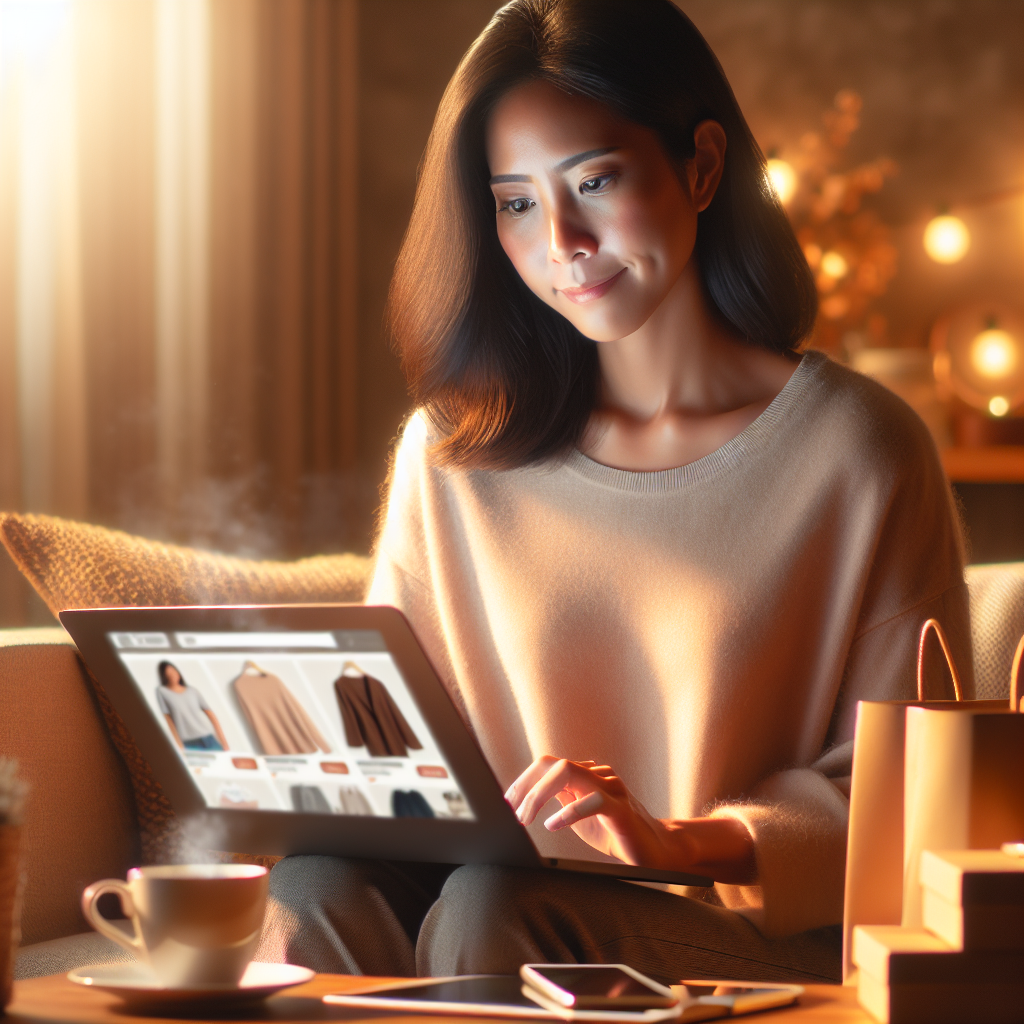 A person comfortably shopping online at home using a laptop in a cozy living room.