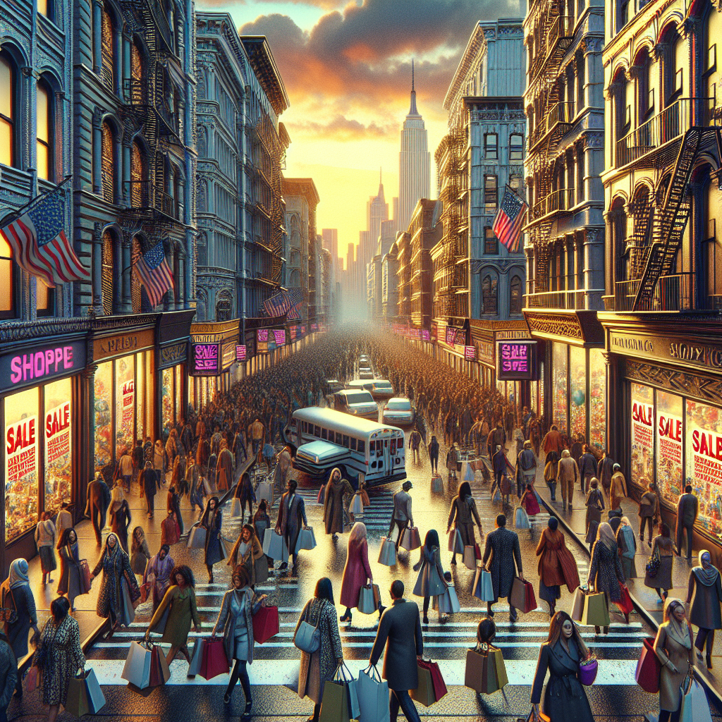 A busy street scene of discount shopping in New York City with shoppers carrying large bags and the iconic skyline in the background.