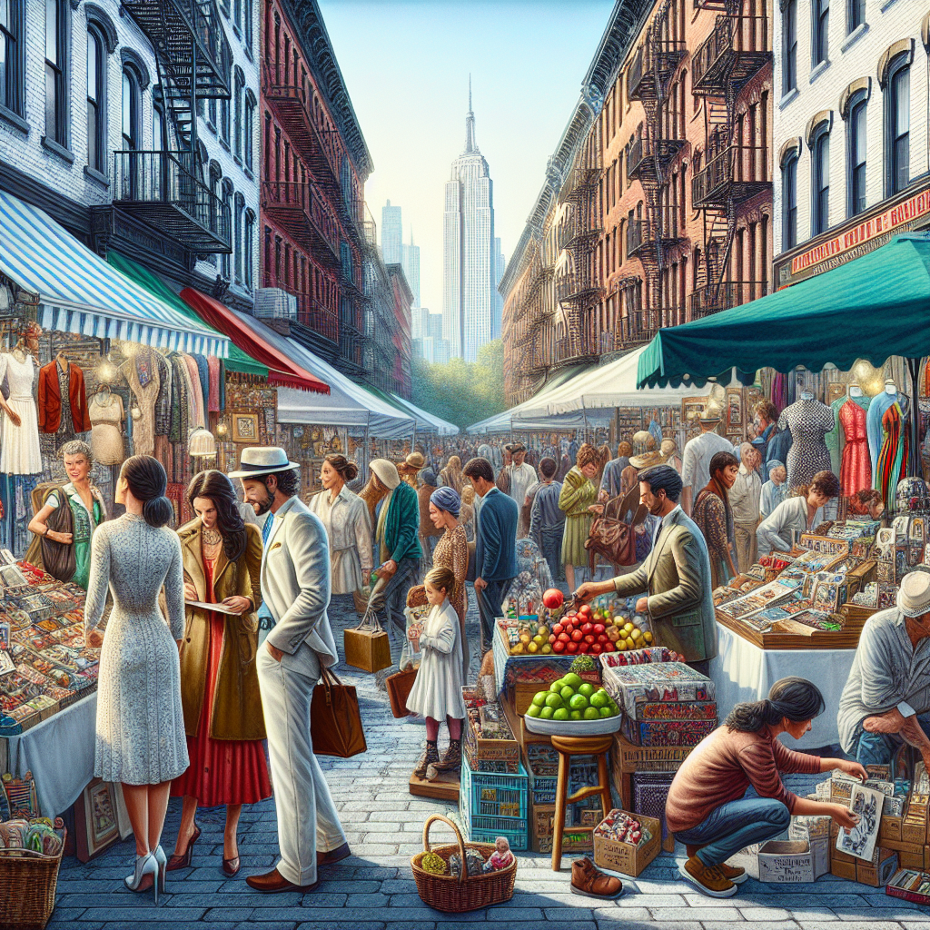 A bustling street market in New York City with various shops and people shopping.