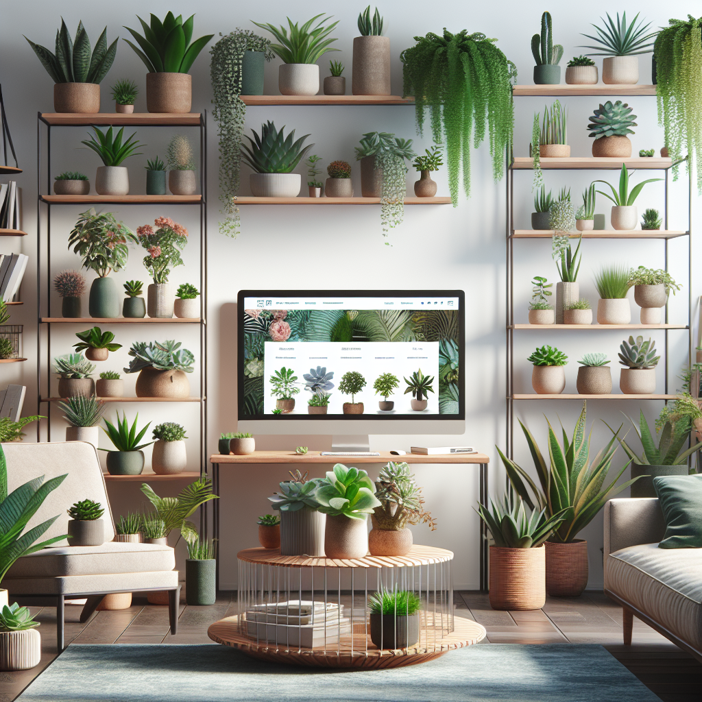 A living room with various houseplants and a device displaying an online plant store.