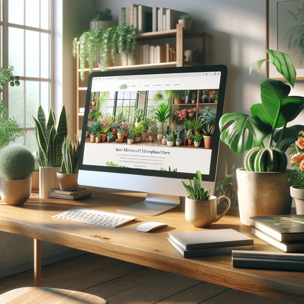 Online houseplant shopping experience with a computer screen showing various houseplants in a cozy home setup.