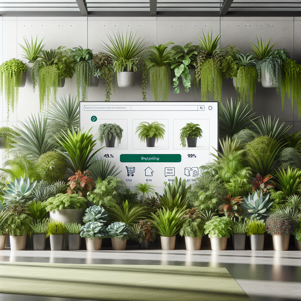 A realistic image of an online houseplant store with a variety of plants.