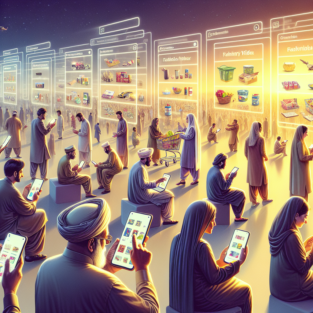 A realistic depiction of Pakistan's e-commerce landscape with people browsing online shopping platforms on their smartphones.