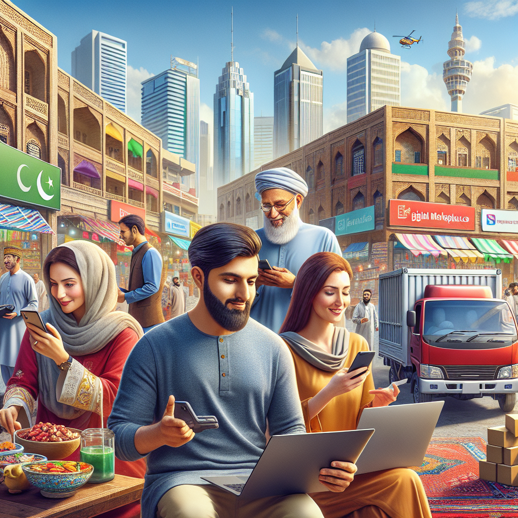 Realistic depiction of Pakistan's evolving e-commerce scene with people shopping online in an urban setting.