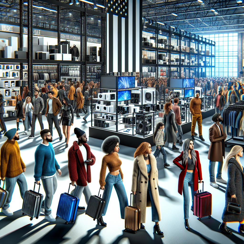 Realistic image of a bustling Black Friday sale at HWZ featuring diverse shoppers and various products.