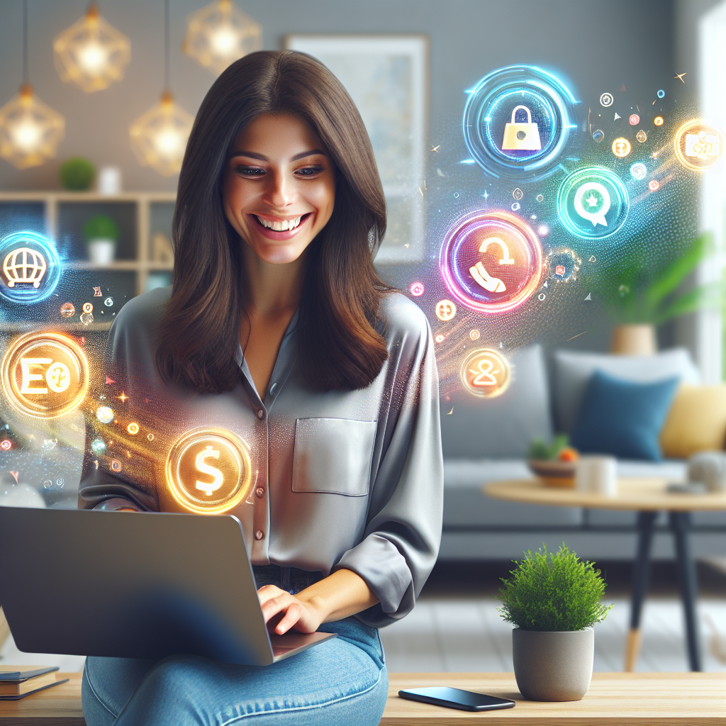 A joyful young woman shopping online and earning virtual points in a bright, modern living room.