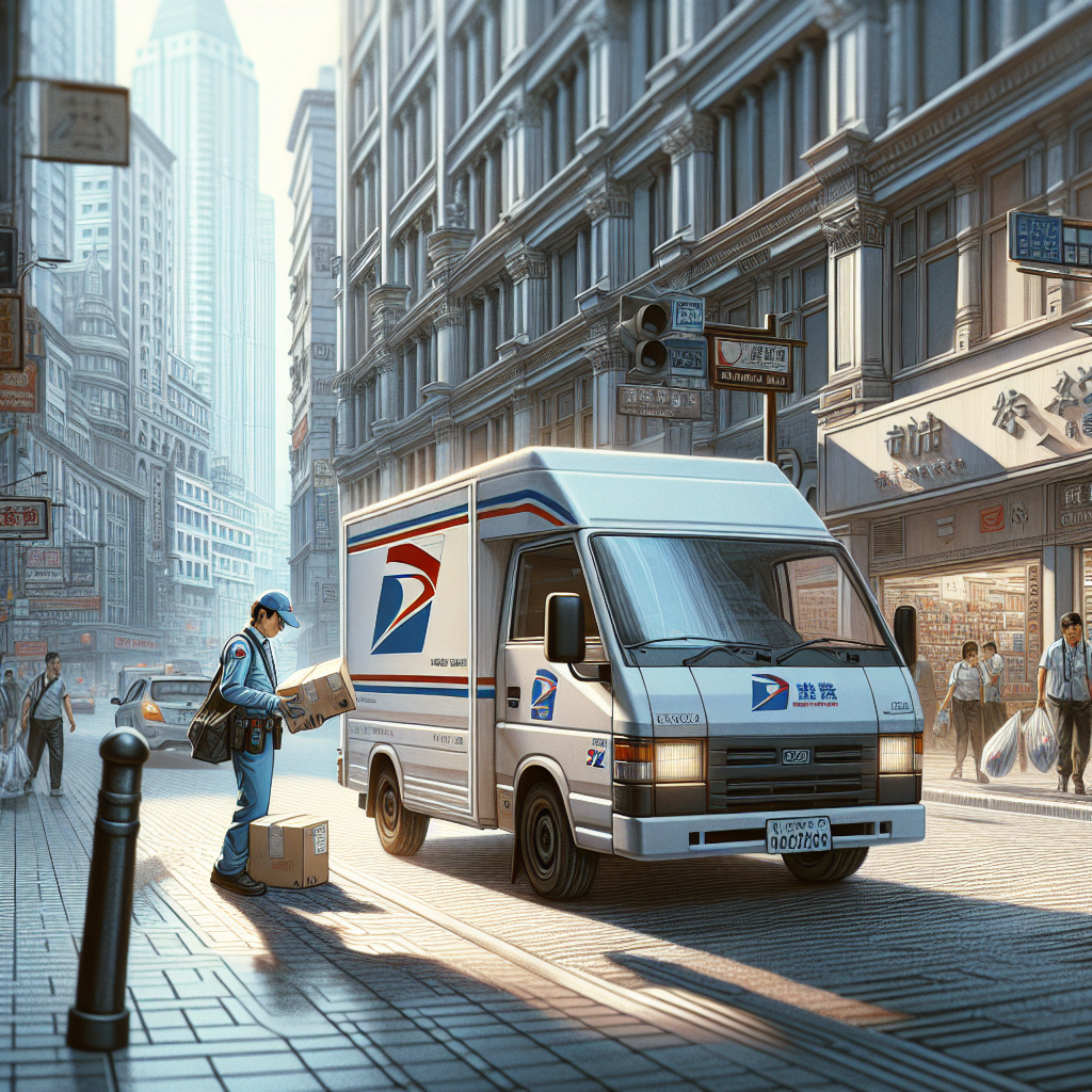 Postal service delivery van on a city street with packages being unloaded.