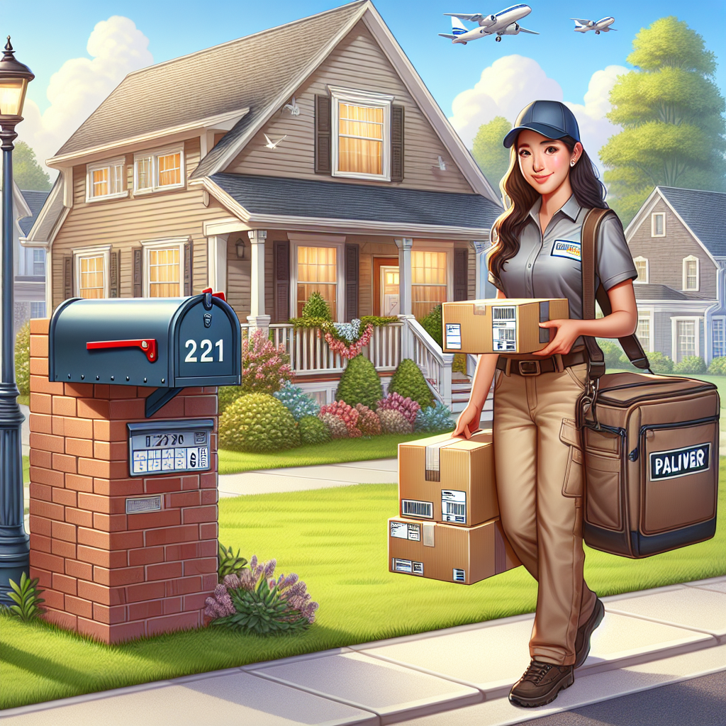 A delivery person holding packages at a suburban house mailbox, symbolizing eShop postal code significance.