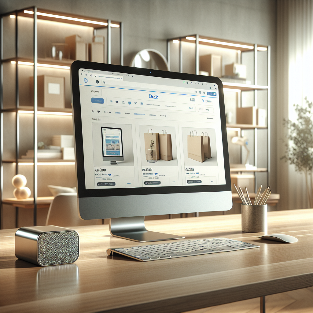 Digital shopping interface on a desktop in a cozy home office.