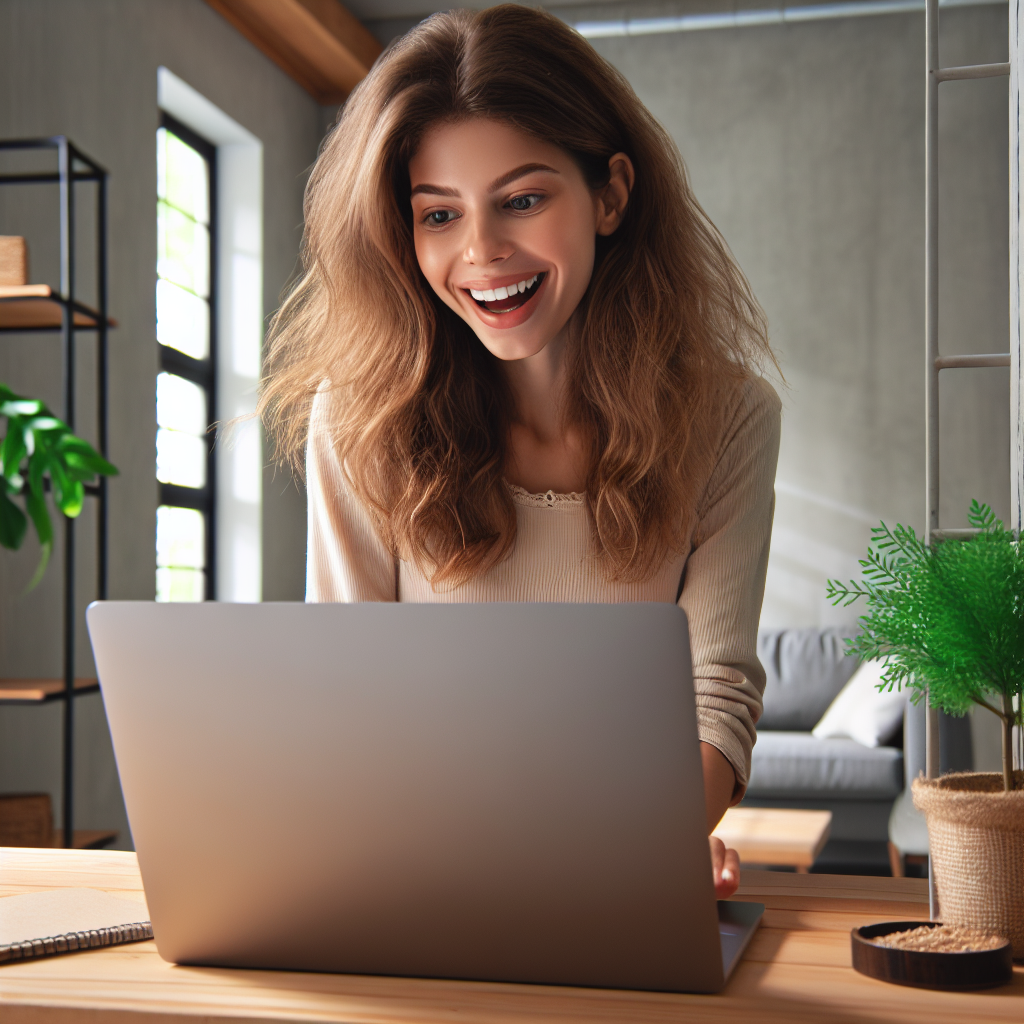 A woman joyfully shopping online in a cozy modern room.