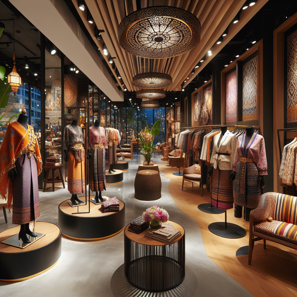 Interior of a trendy fashion boutique in Bangkok, showcasing V Shop's blend of Thai art and modern design.