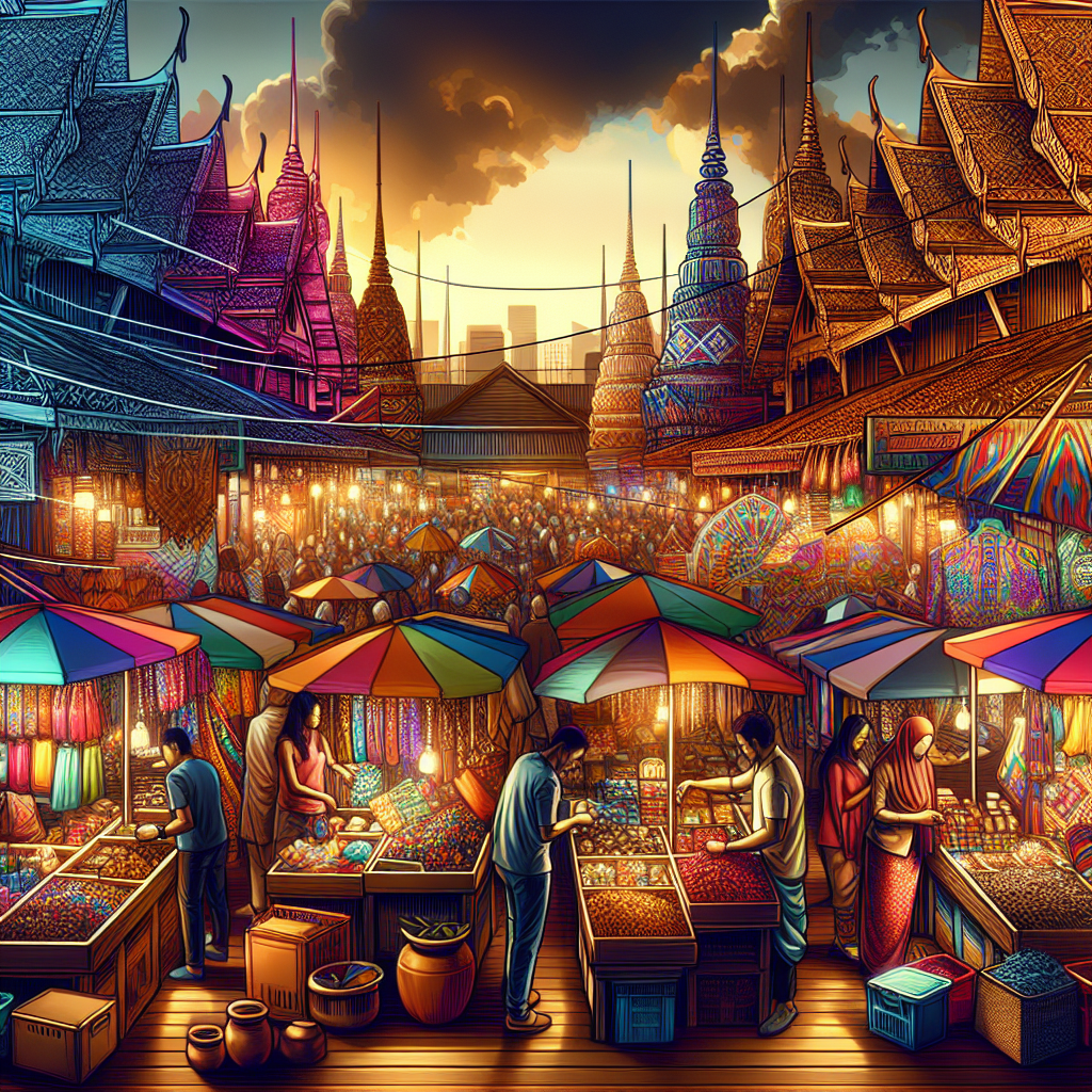 A vibrant marketplace scene depicting various stalls with diverse products and active interactions in a Southeast Asian style market.