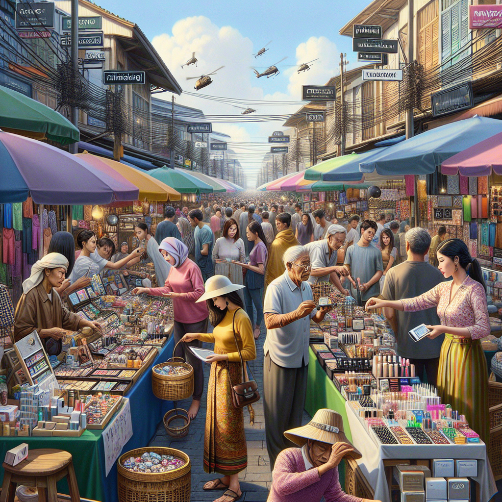 A bustling Thai street market scene representing V Shop's diverse product offerings.