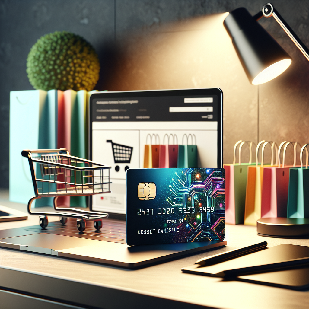 A realistic image of a rewards credit card on a digital shopping desk.