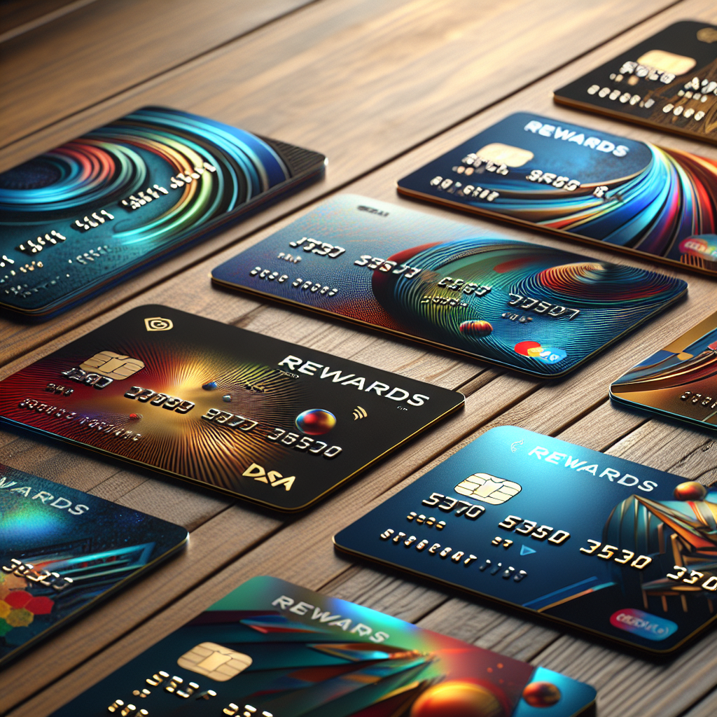 A variety of rewards credit cards displayed on a wooden table, showcasing diverse colors and designs.