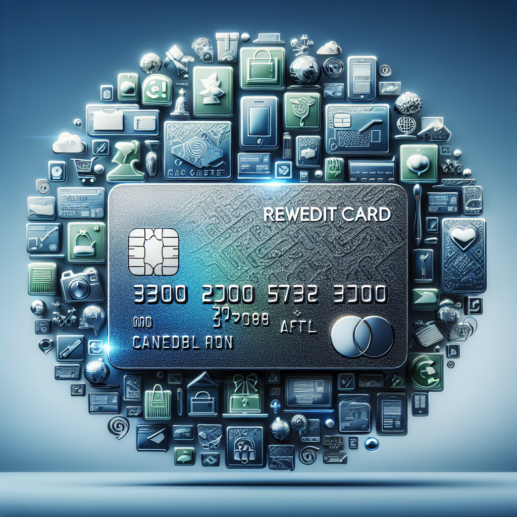 A rewards credit card surrounded by digital shopping icons.