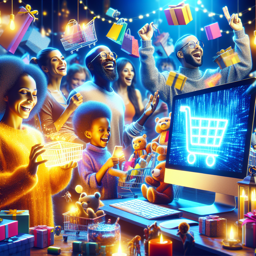 Realistic scene of HWZ Black Friday online shopping excitement featuring people and products.