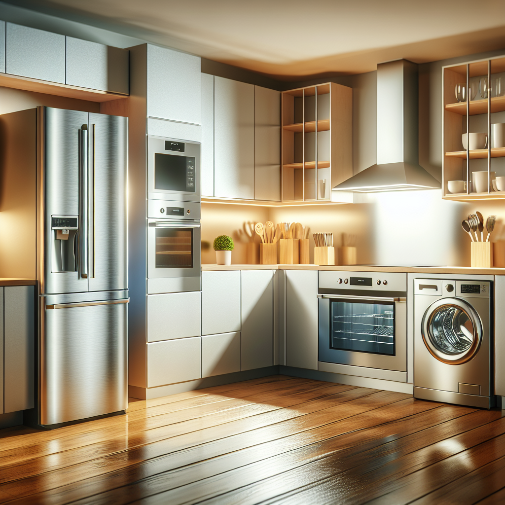 Modern kitchen with various home appliances, including a refrigerator, oven, and washing machine.