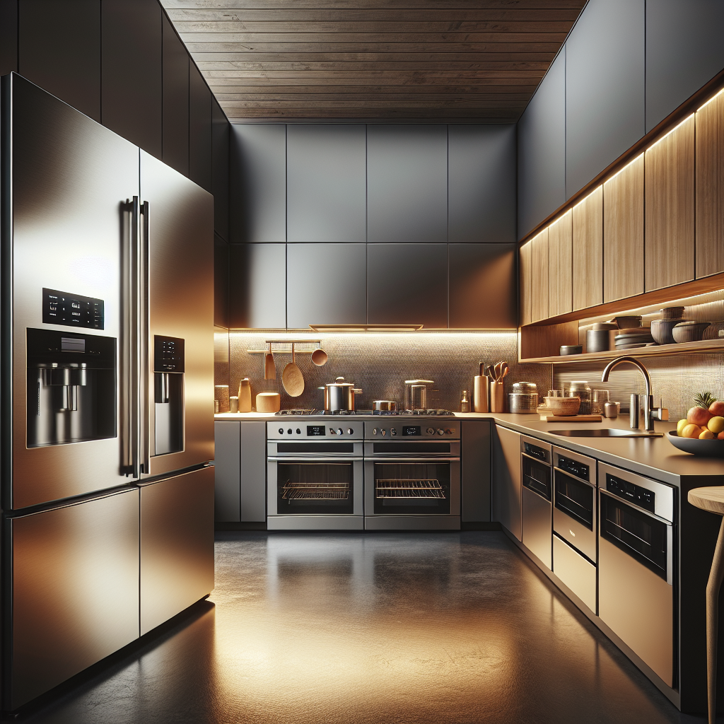 Realistic image of a modern kitchen with various home appliances like a refrigerator and oven.