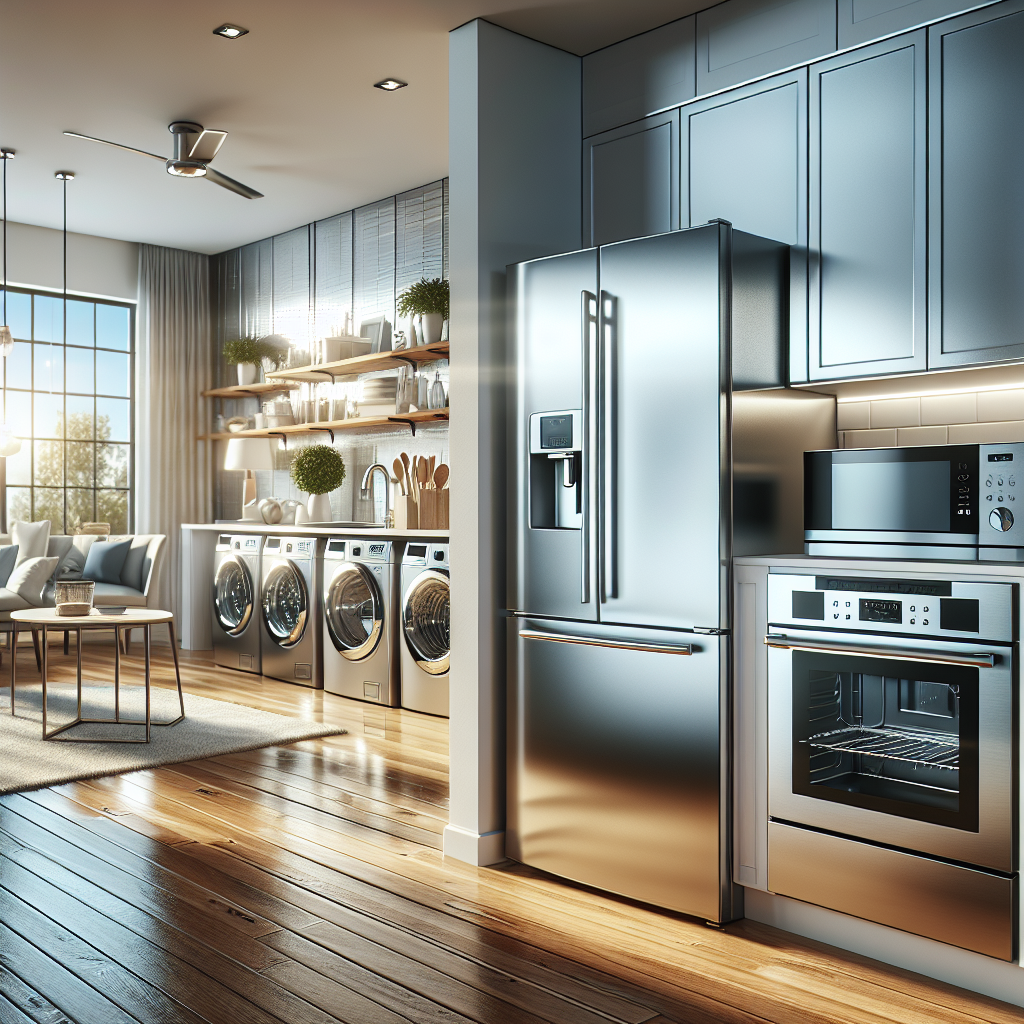 A modern home interior with various home appliances, including a stainless steel refrigerator and oven.