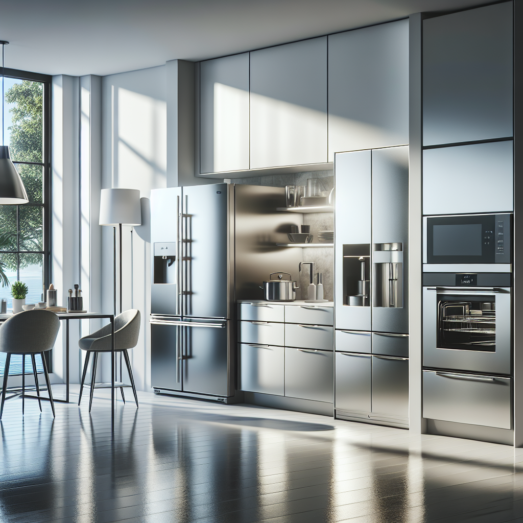 A modern kitchen with various home appliances, brightly lit and showcasing a minimalist style.