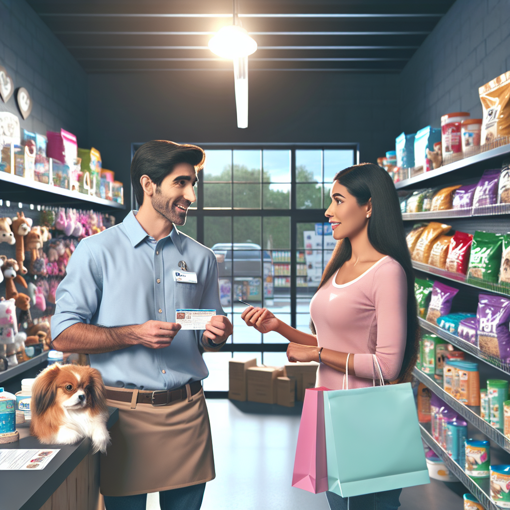 A realistic image of a bustling pet store with pet supplies and customers, capturing the excitement of discounts.