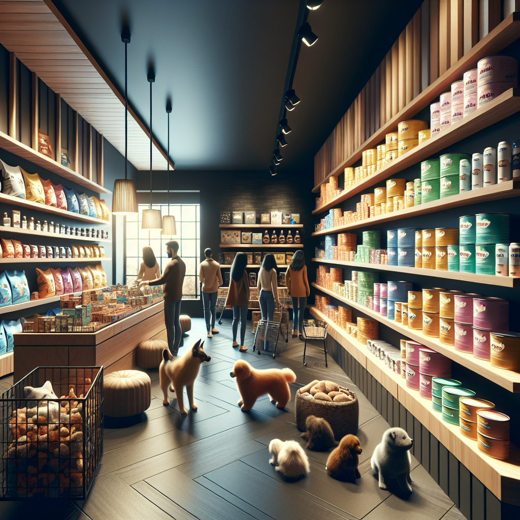 A realistic pet store interior showcasing discounted pet supplies with customers browsing and interacting with staff, in a cozy, modern setting.