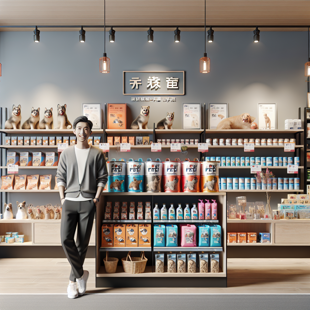 A realistic image of a cozy pet store interior with shelves of pet products.