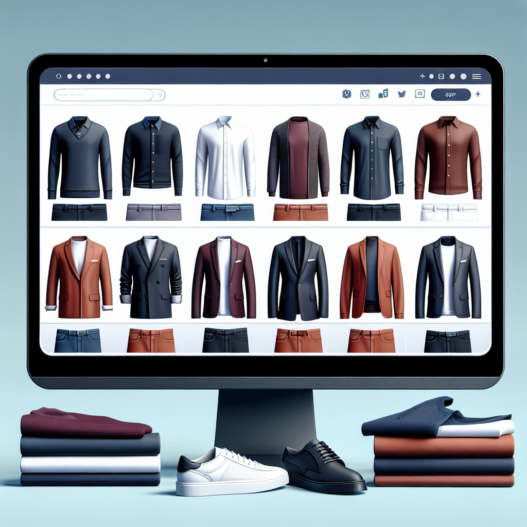 Illustrated interface of an online men's clothing store featuring diverse apparel.