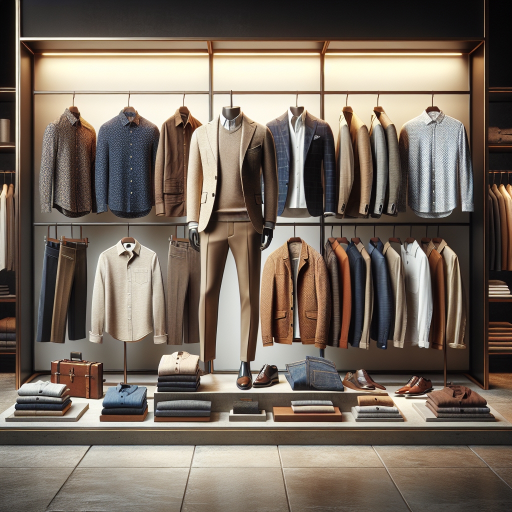 Modern man's wardrobe displayed on an online shopping interface.