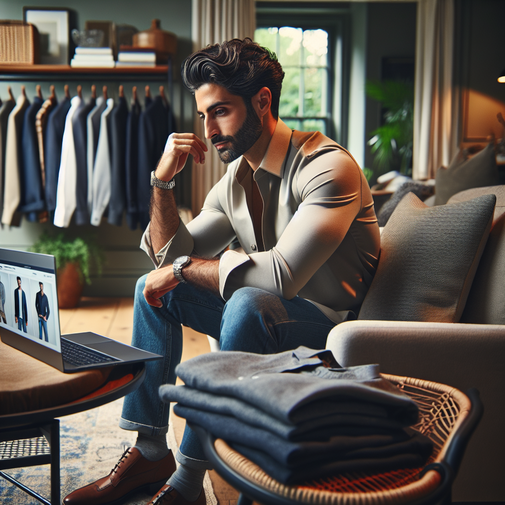 Modern man shopping online for clothing in the UK, sitting at home with a laptop.