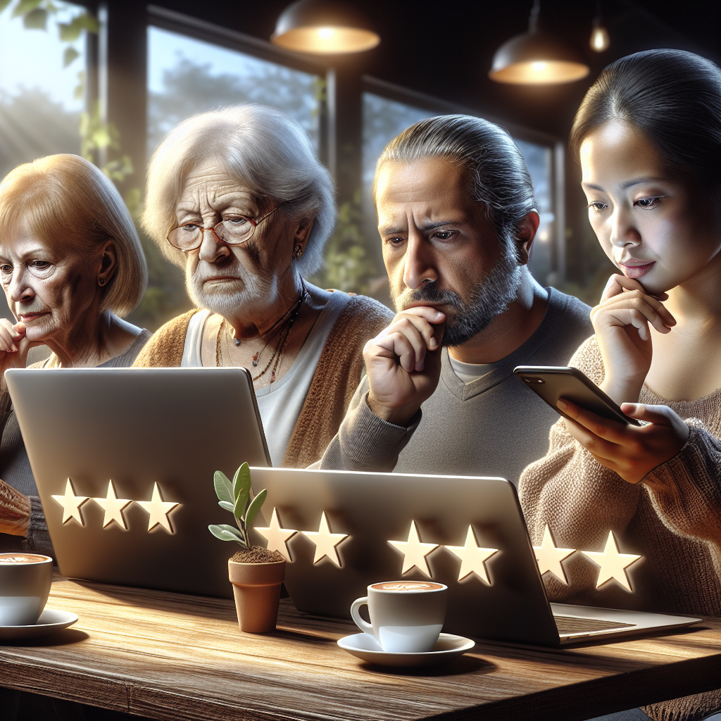 A realistic image of people using devices in a coffee shop, depicting online store reviews.