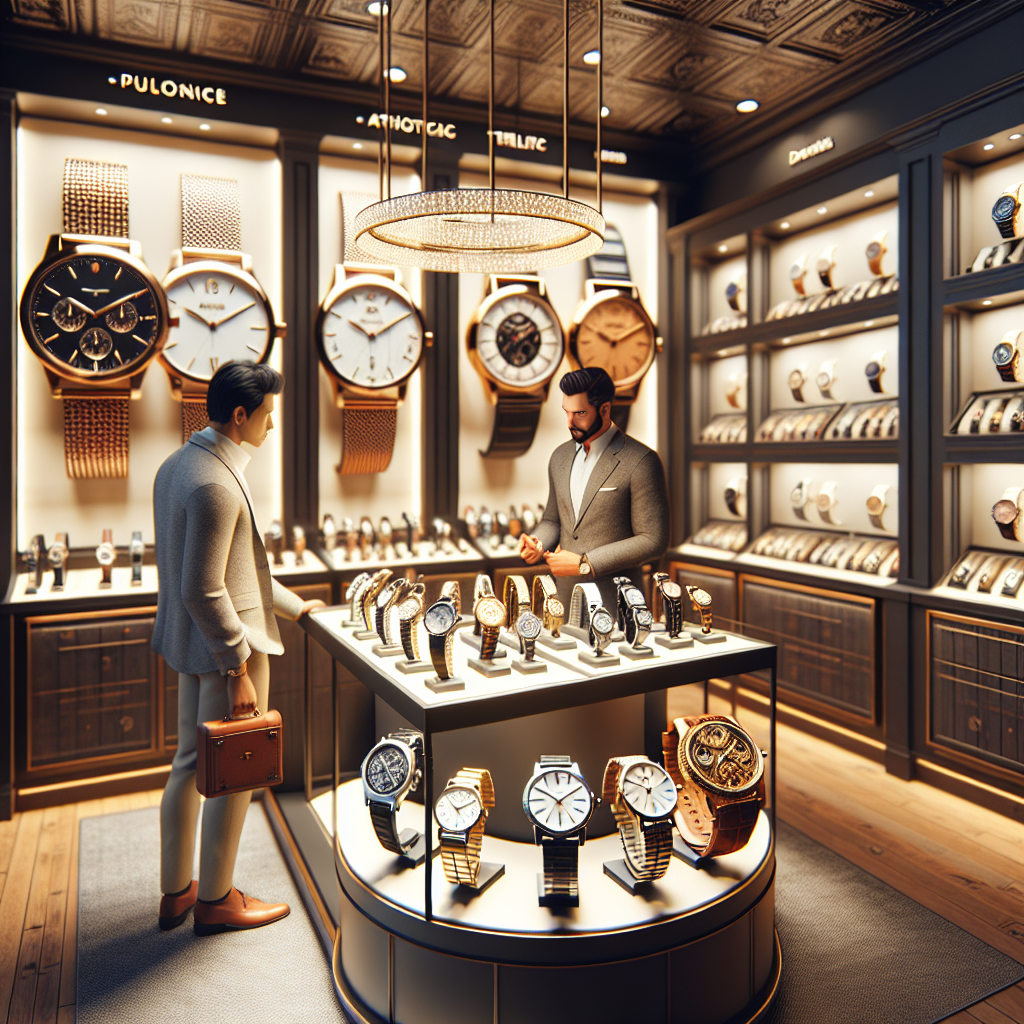 Interior of a sophisticated watch shop at Junction 8, displaying various watch models and a customer interacting with staff.