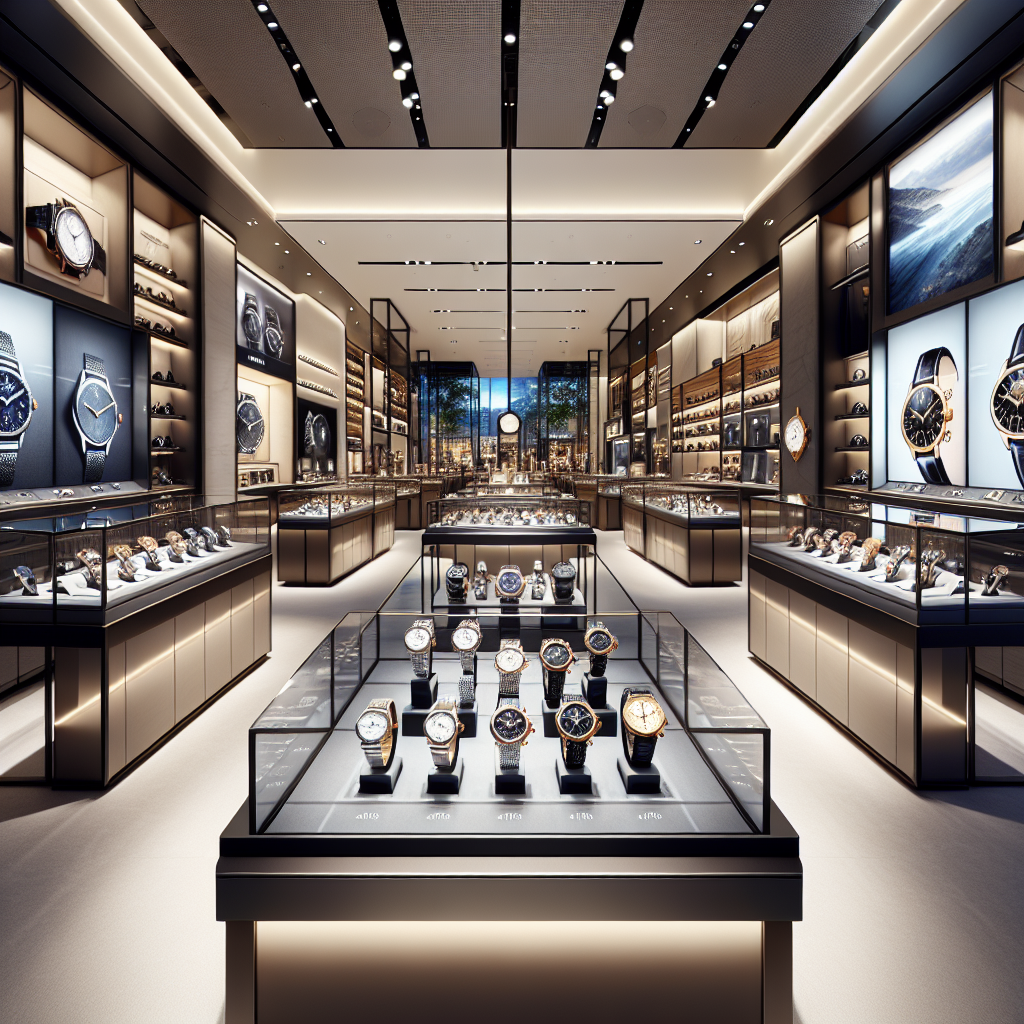 Interior of a stylish watch shop at Junction 8 with a variety of luxurious timepieces on display.