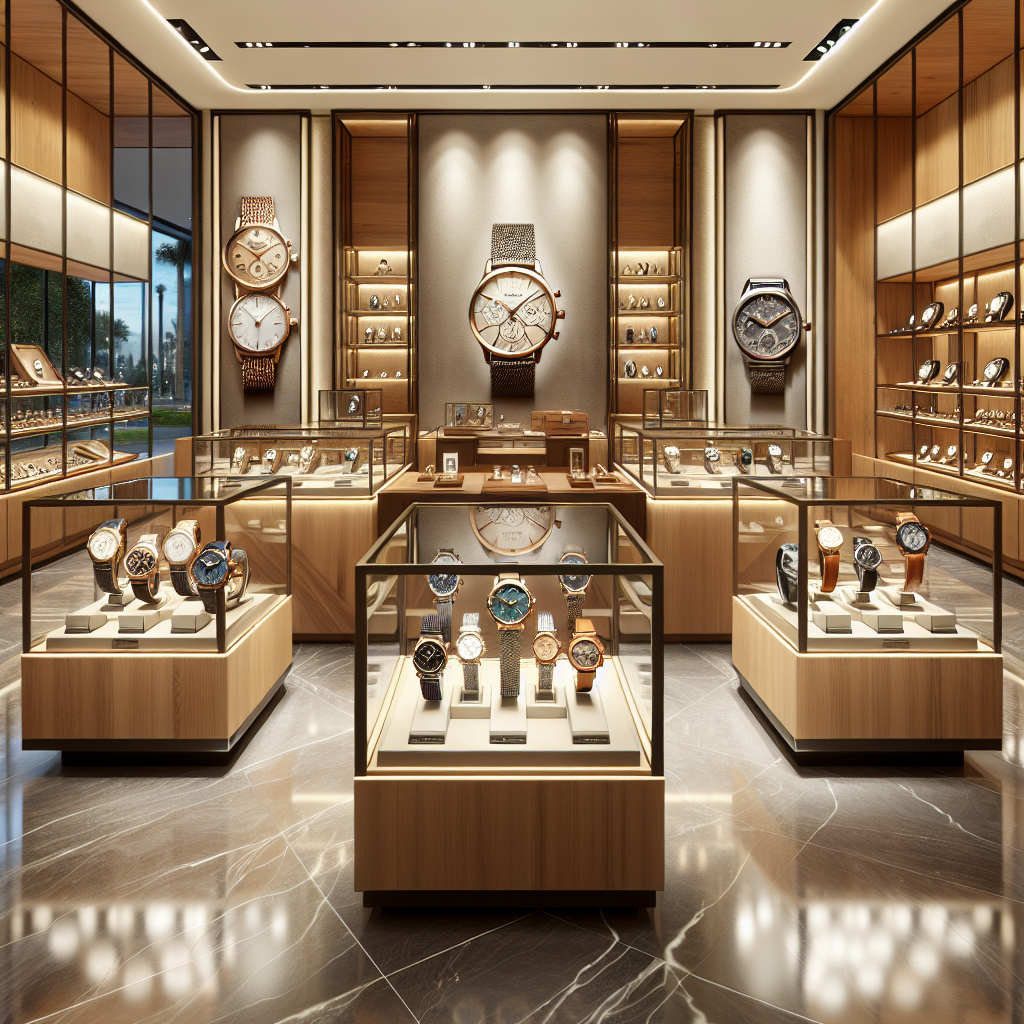 Interior of a luxury watch shop at Junction 8 with various timepieces on display.