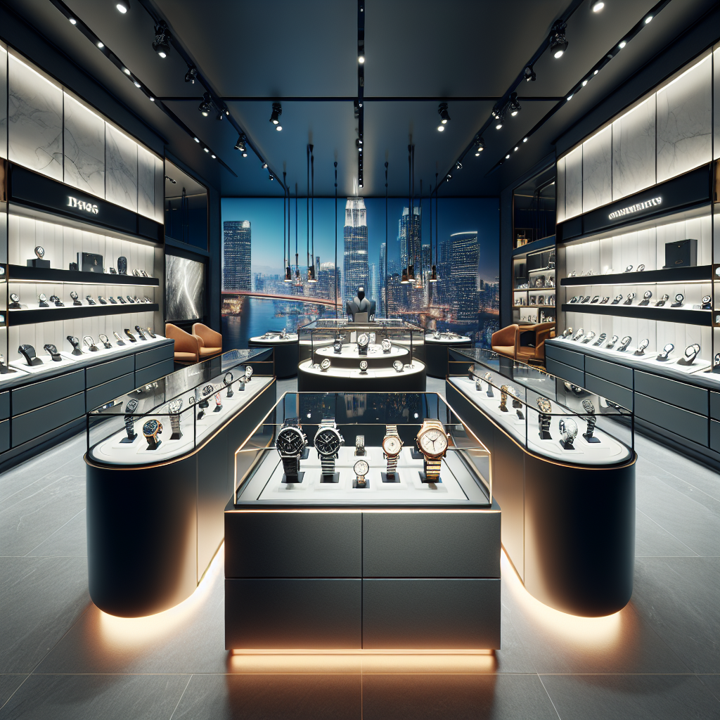 Interior of a luxurious watch shop at Junction 8, showcasing various high-end watches.