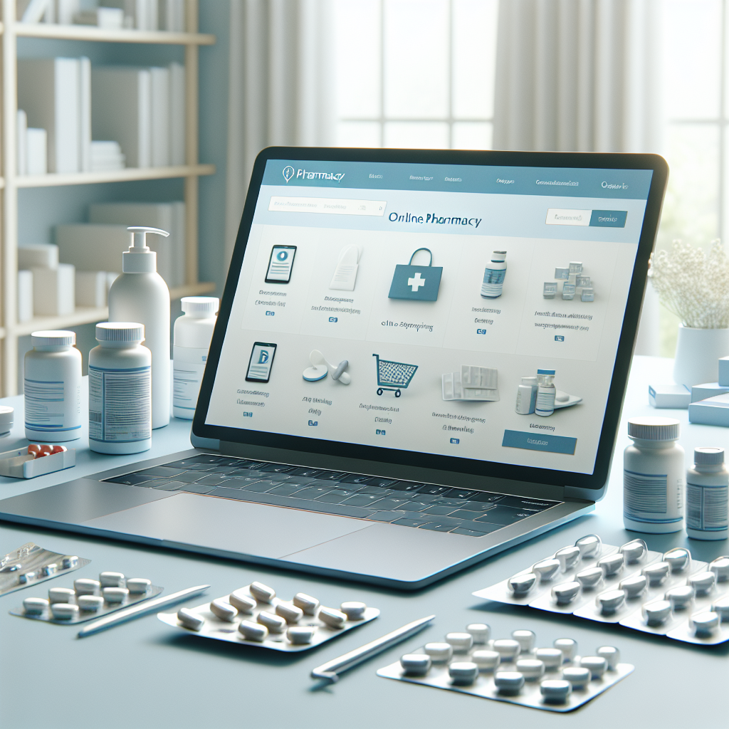 A workspace with laptop showing an online pharmacy site and assorted medical products.