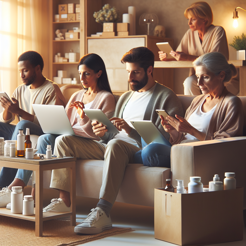 People engaging in online medical shopping from home.