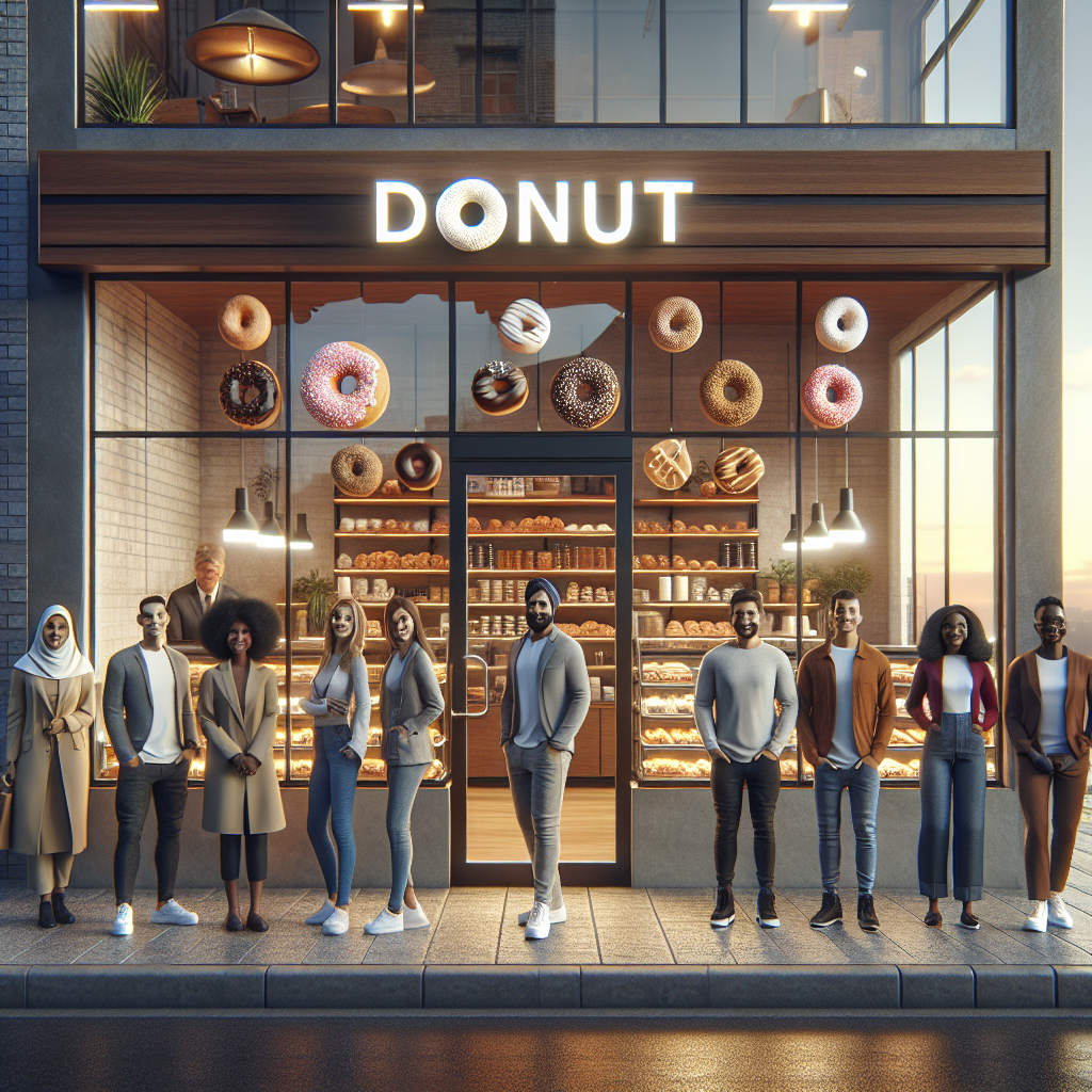 Realistic depiction of a J.CO donut outlet exterior in a busy urban setting.