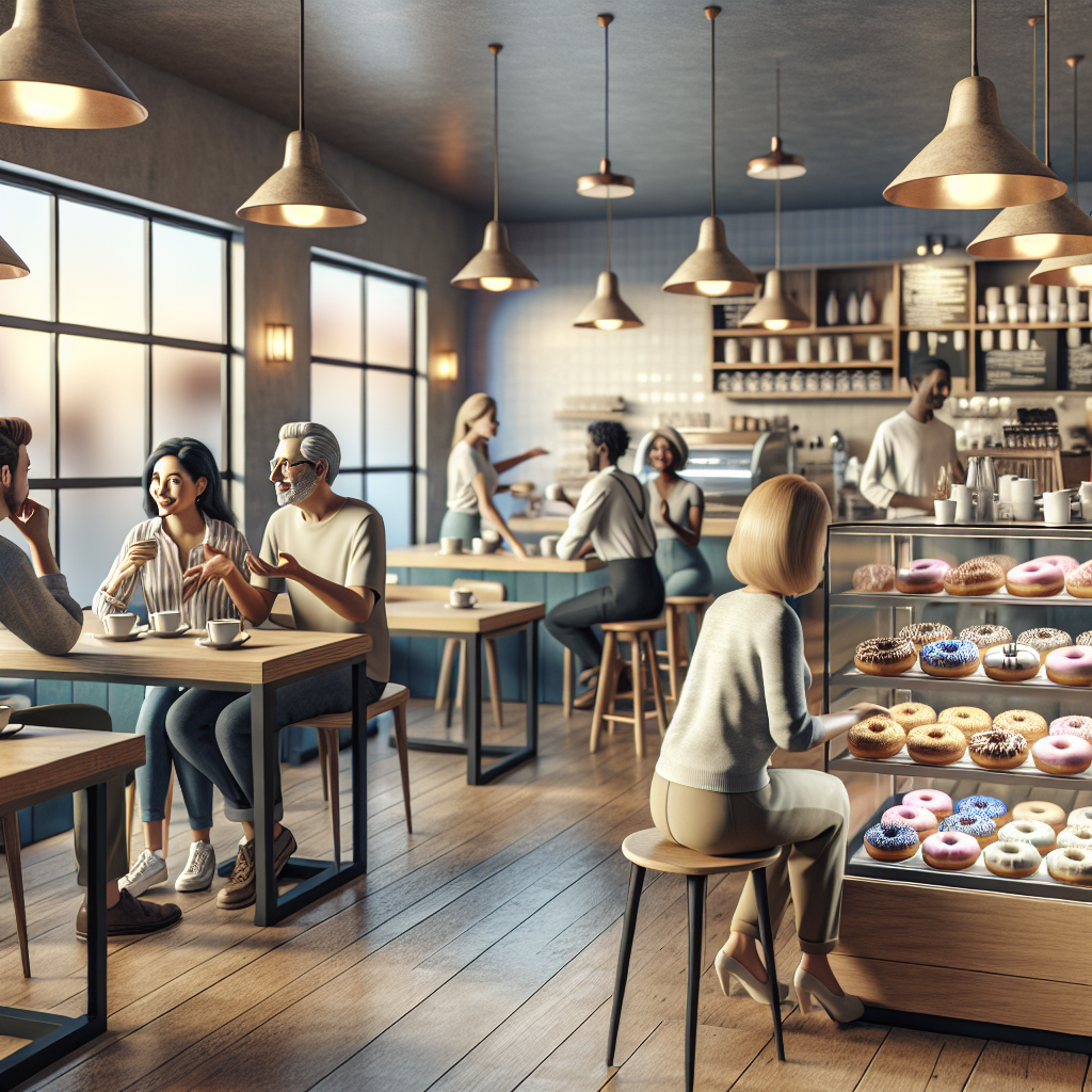 Interior of a J.CO donut shop with people enjoying donuts and coffee.