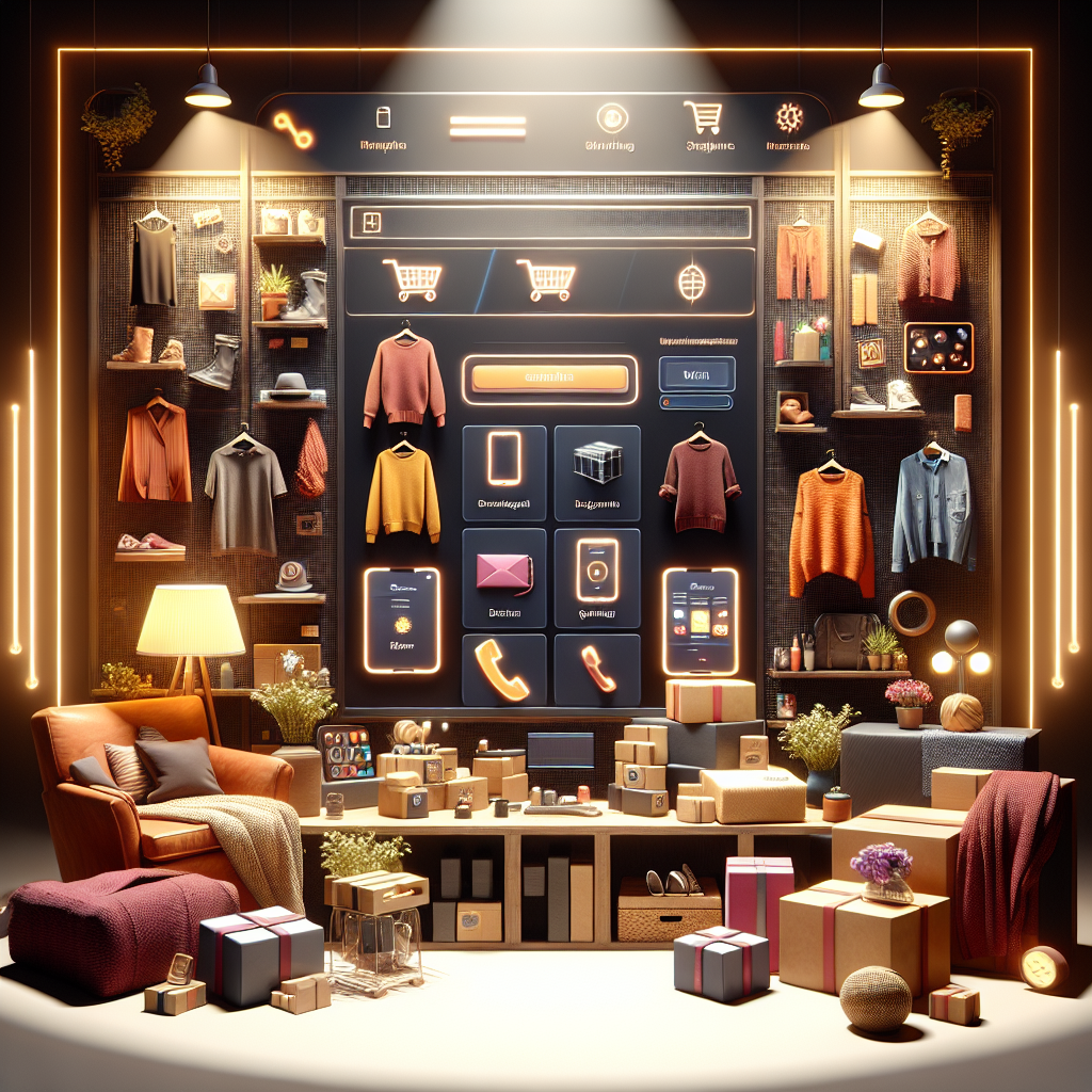 A vivid illustration of a digital marketplace interface displaying clothes, tech gadgets, and crafts, with no text, highlighting a selling platform.