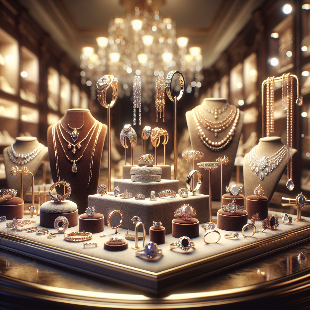 Luxurious jewelry displayed elegantly in a sophisticated showroom setting.